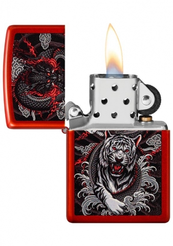Zippo 龍虎雙煞 猛虎與龍設計48933  |金屬紅色表面| 防風打火機 | ZIPPO 指定授權經銷商 |美國製造 | 收藏