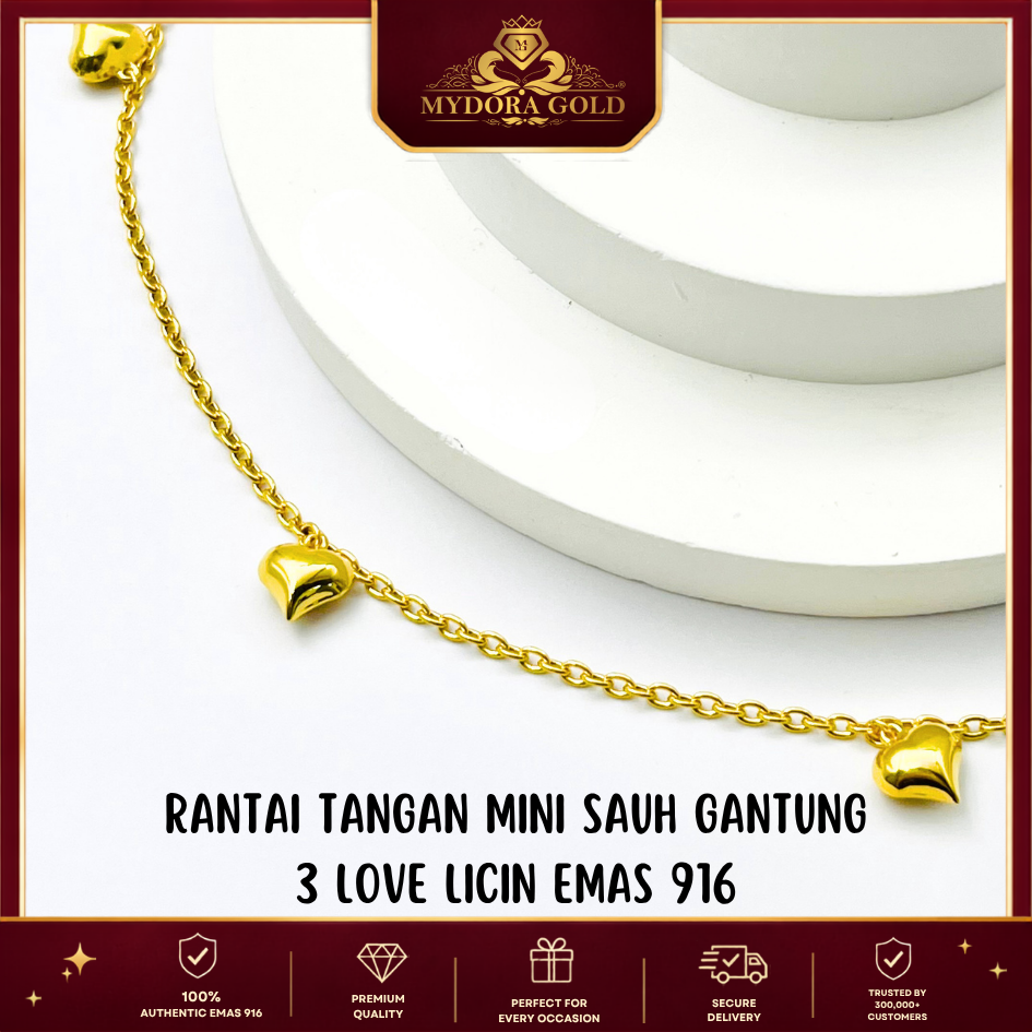 MYDORA Rantai Tangan Sauh Gantung 3 Mini Love Licin | Emas 916/22k