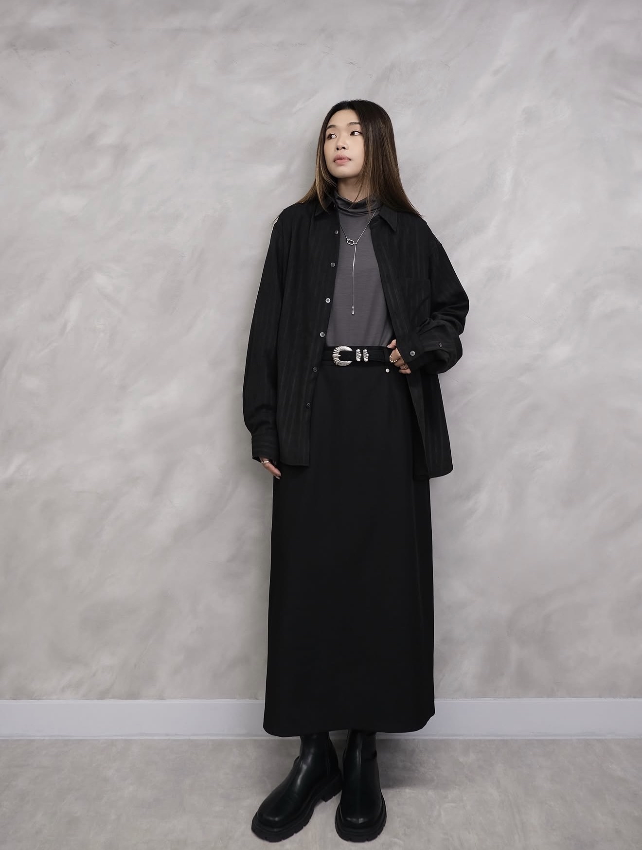 Metal Stud High-Waist Midi Skirt #sk51