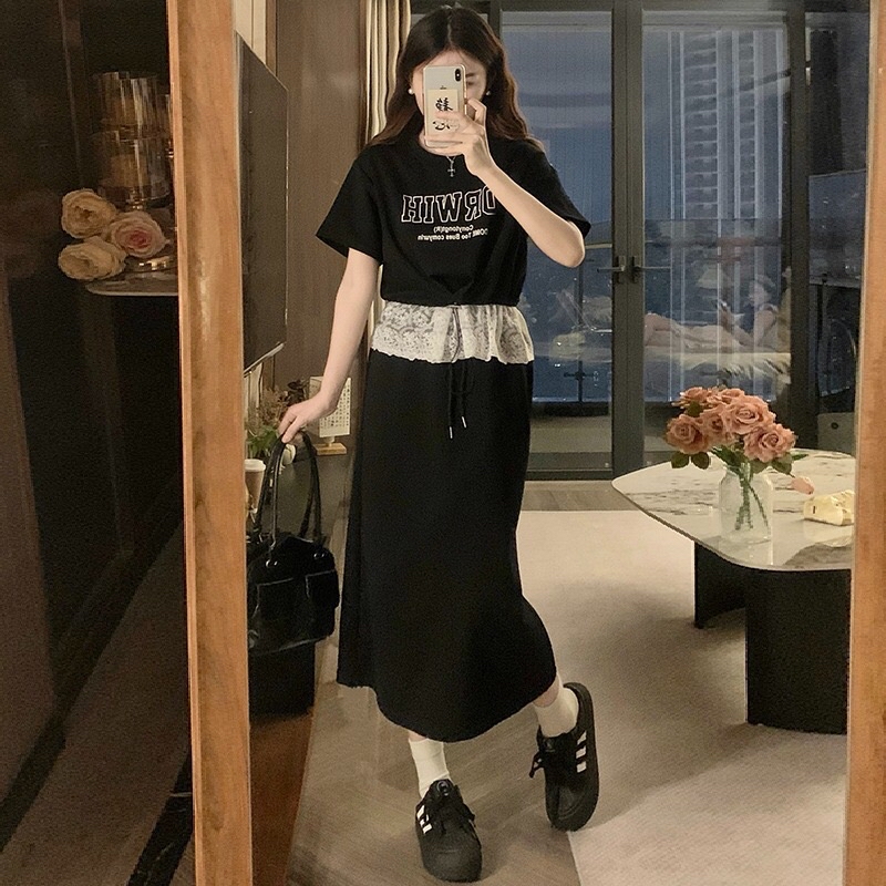 B284(16711+16712) 美式时尚字母短袖拼接下摆蕾丝荷叶上衣与长裙黑绿套装