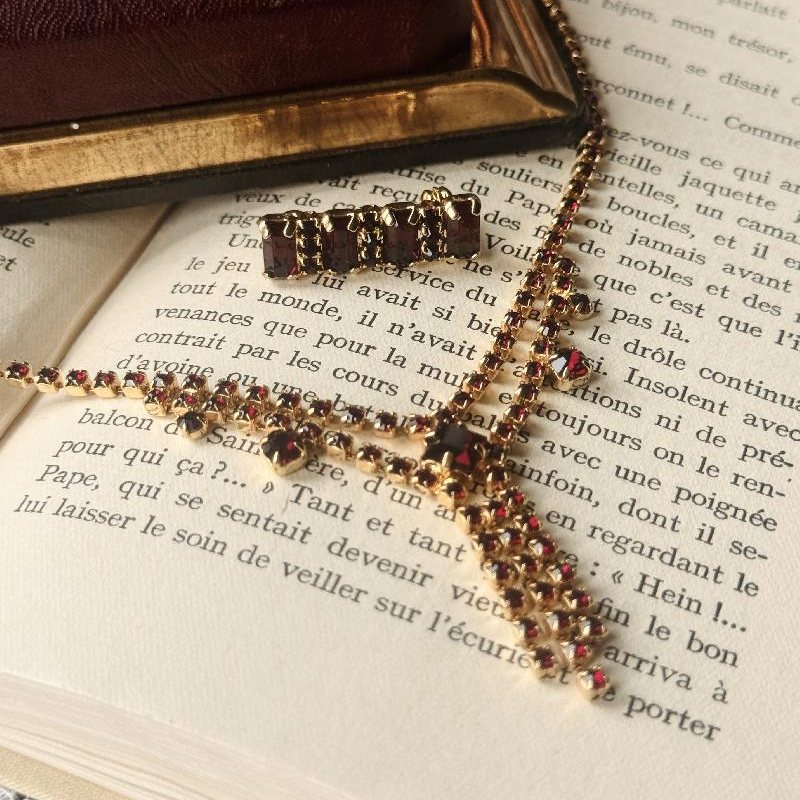Vintage C.a. 1980s Czechoslovakian Ruby Red Glass Jewelry - Brooch/Earrings/Necklace (NZ061)