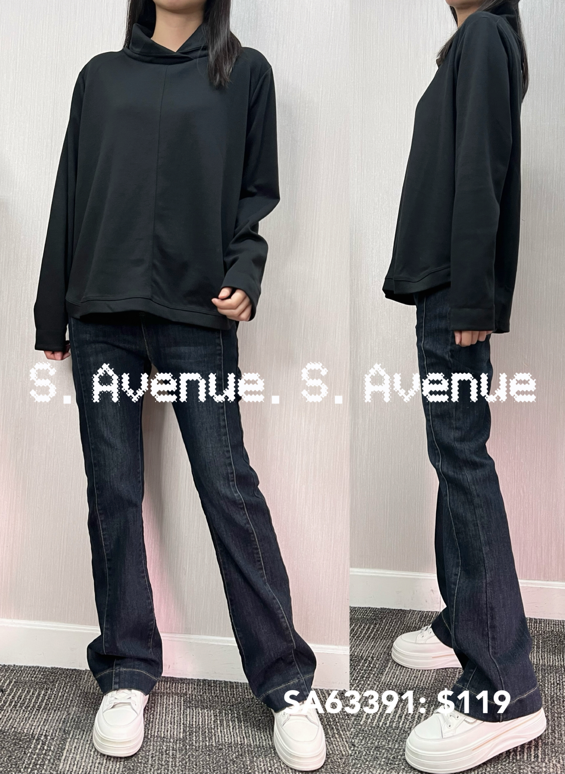 SA63391: 長袖反領前有骨顯瘦淨色tee