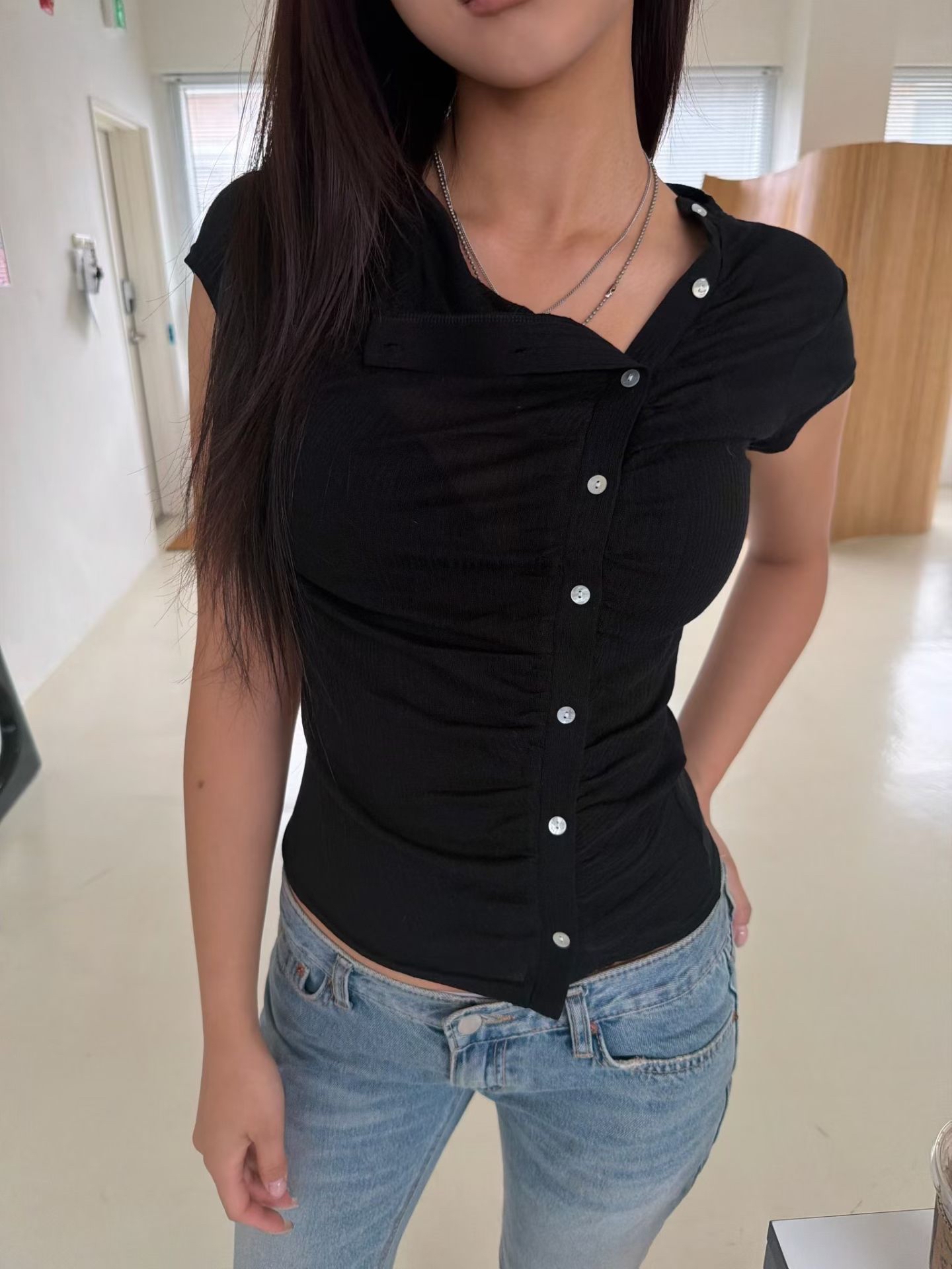 Asymmetric Button Ruched Top