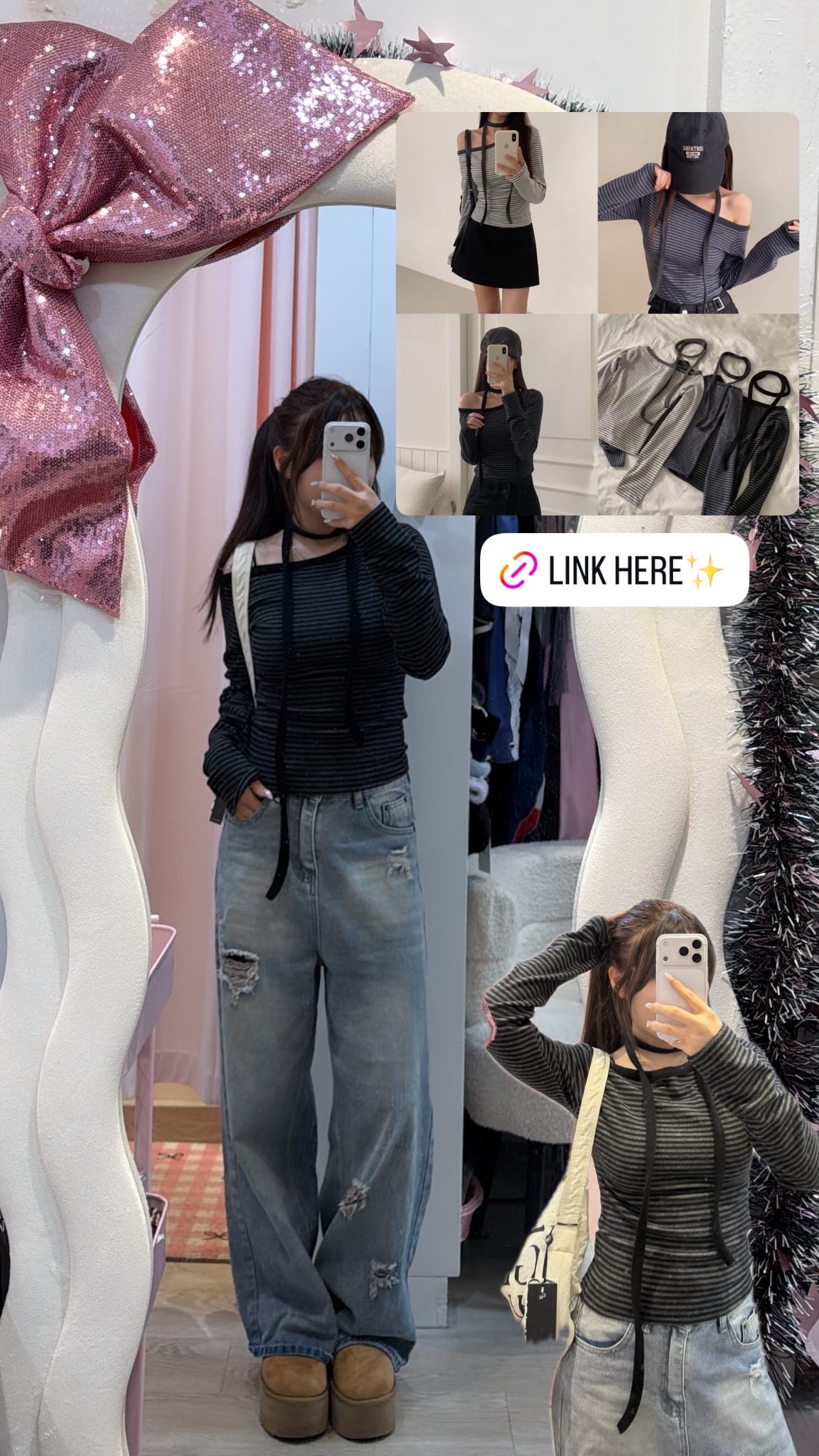 已售罄❌韓國間條露膊長袖Top + 掛頸繩