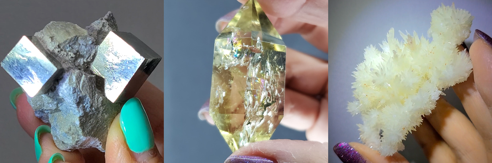 Pyrite cubes, double-terminated citrine, and yellow aragonite cluster.