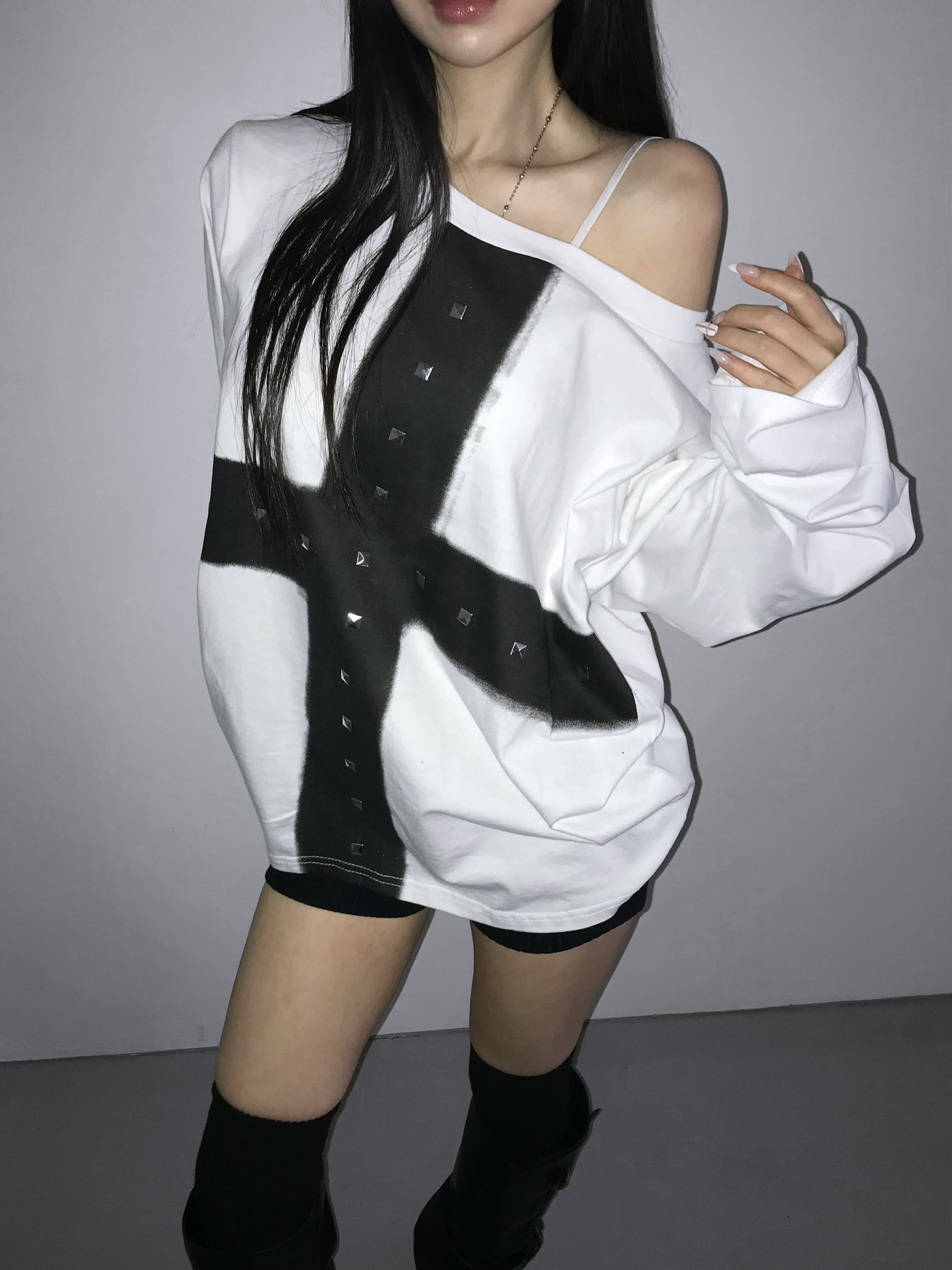 Off-Shoulder Cross Print Studded Long Sleeve