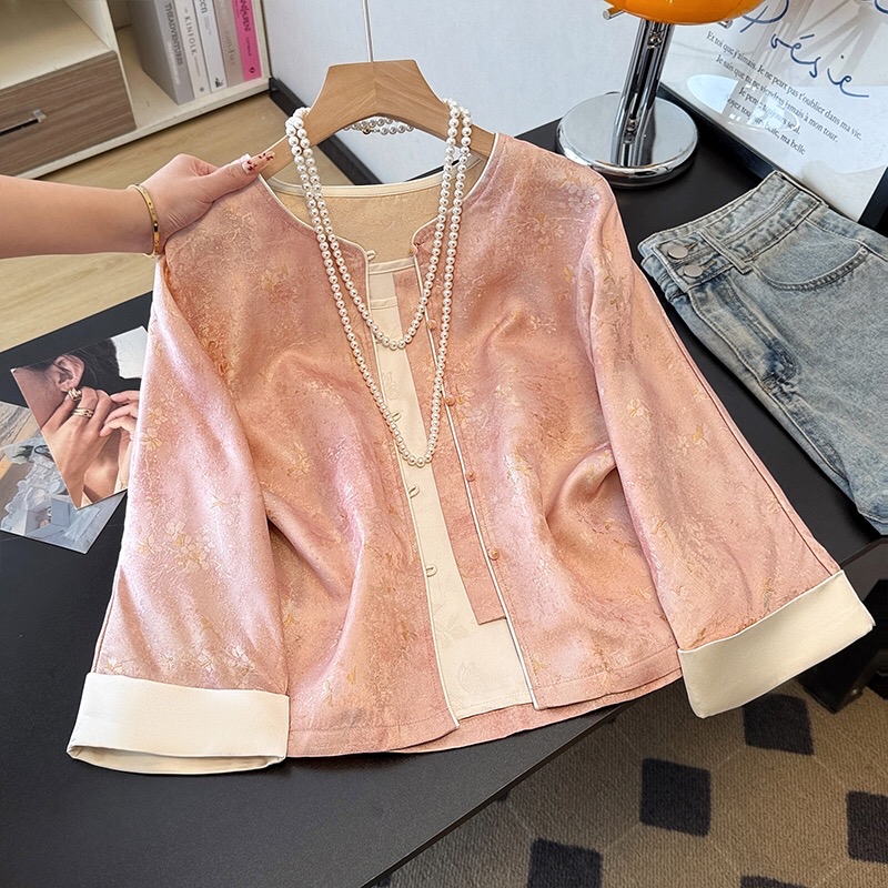 B138(0948) 新中式民族风人丝古典碎花提花卷边袖粉香槟外套上衣