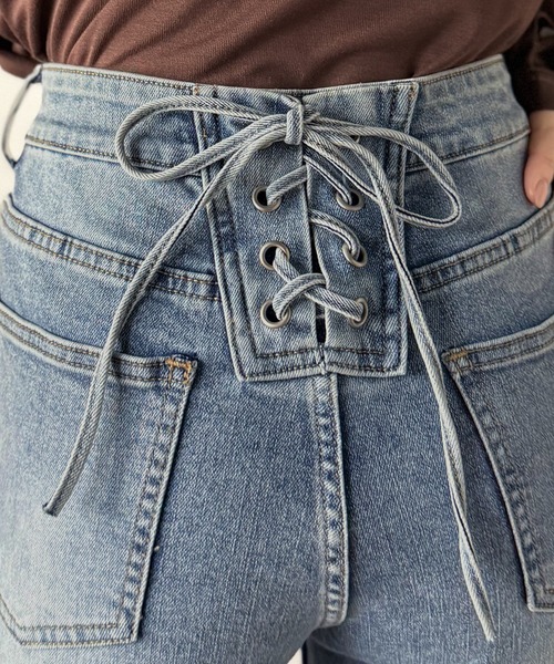 綁帶喇叭高腰牛仔褲【JP010】