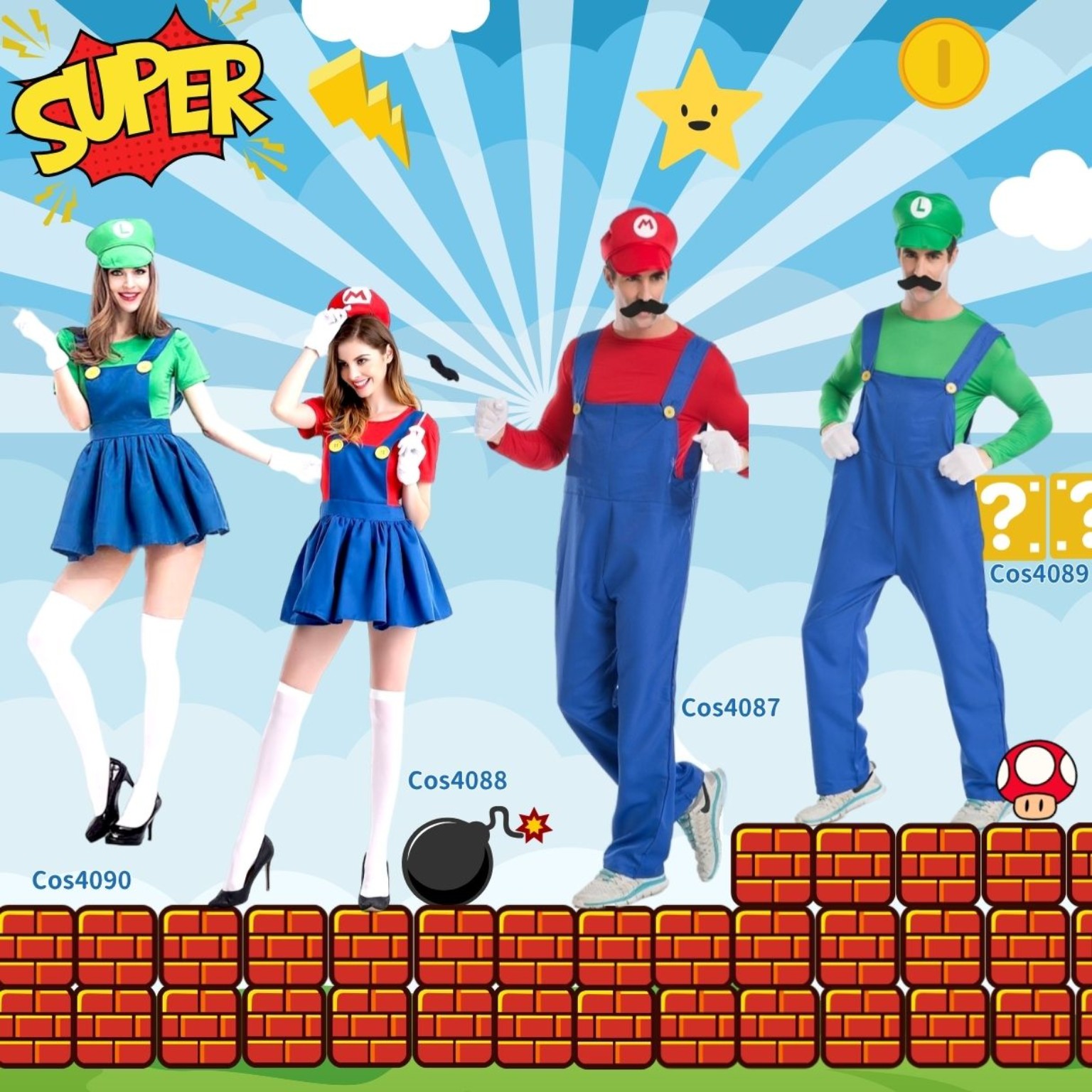  Luigi Costume for Lady 路易吉主題女裝短連身裙5件套｜萬聖節Luigi Cosplay｜Lets Cosplay Cos4090