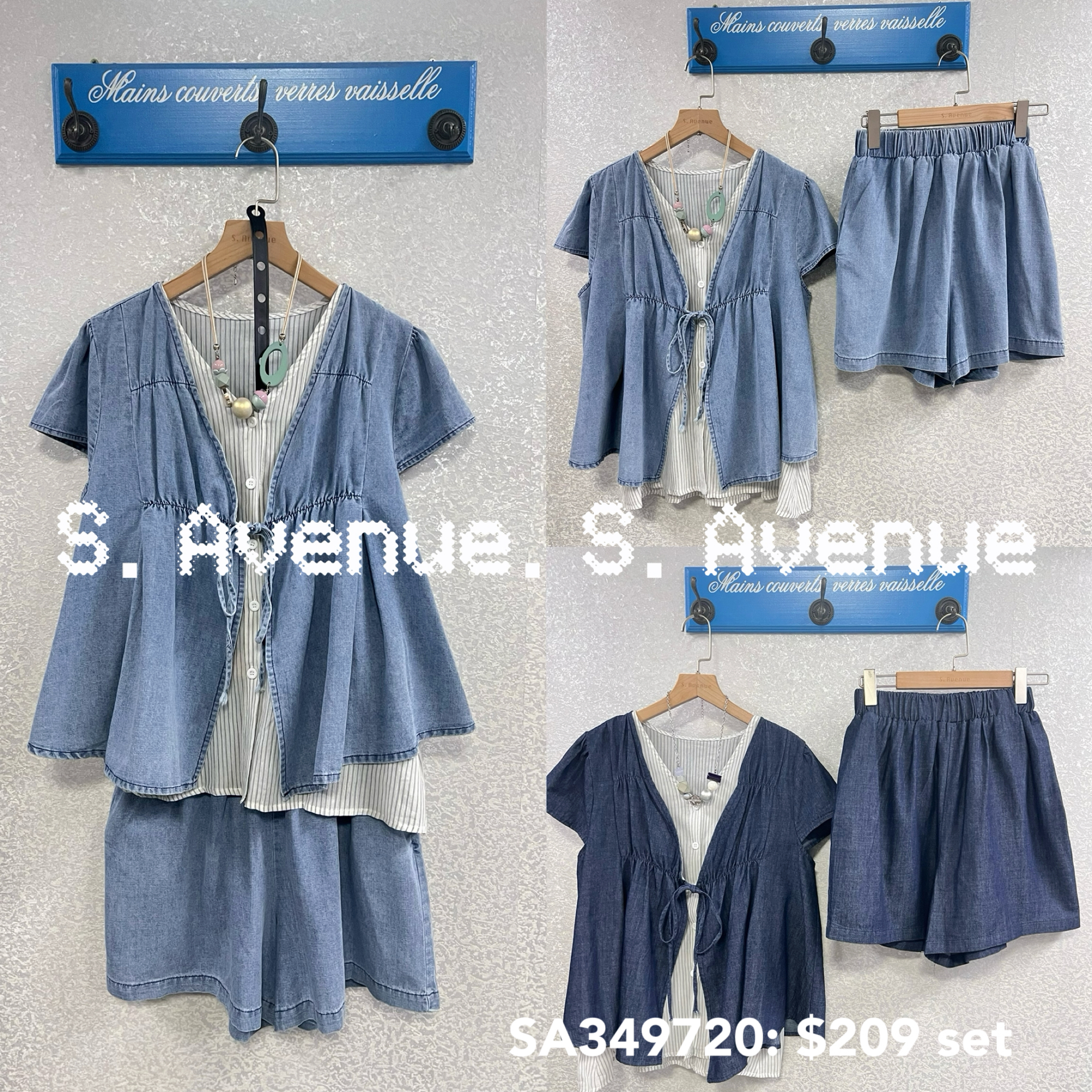 SA349720: 短袖牛仔綁帶假兩件配短褲套裝