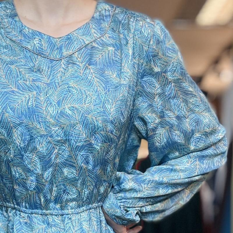 Vintage Japanese Tropical Leaf Pattern Long Sleeve Day Dress- Size L(MT1608-145)
