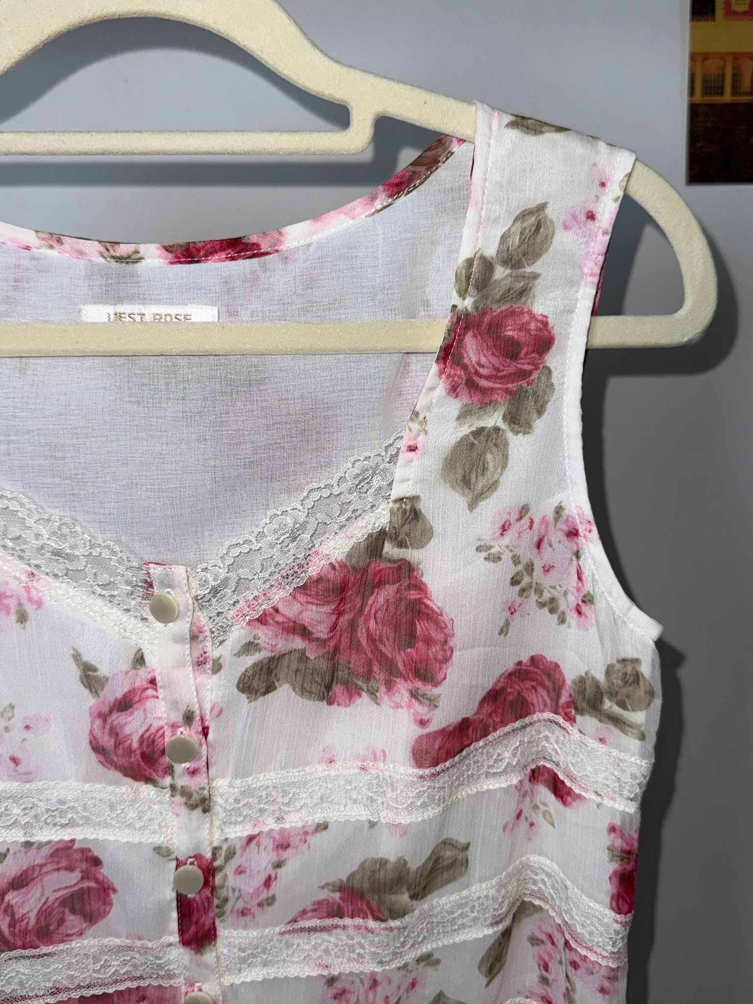 French Vintage Rose Print Lace-Trimmed Midi Dress