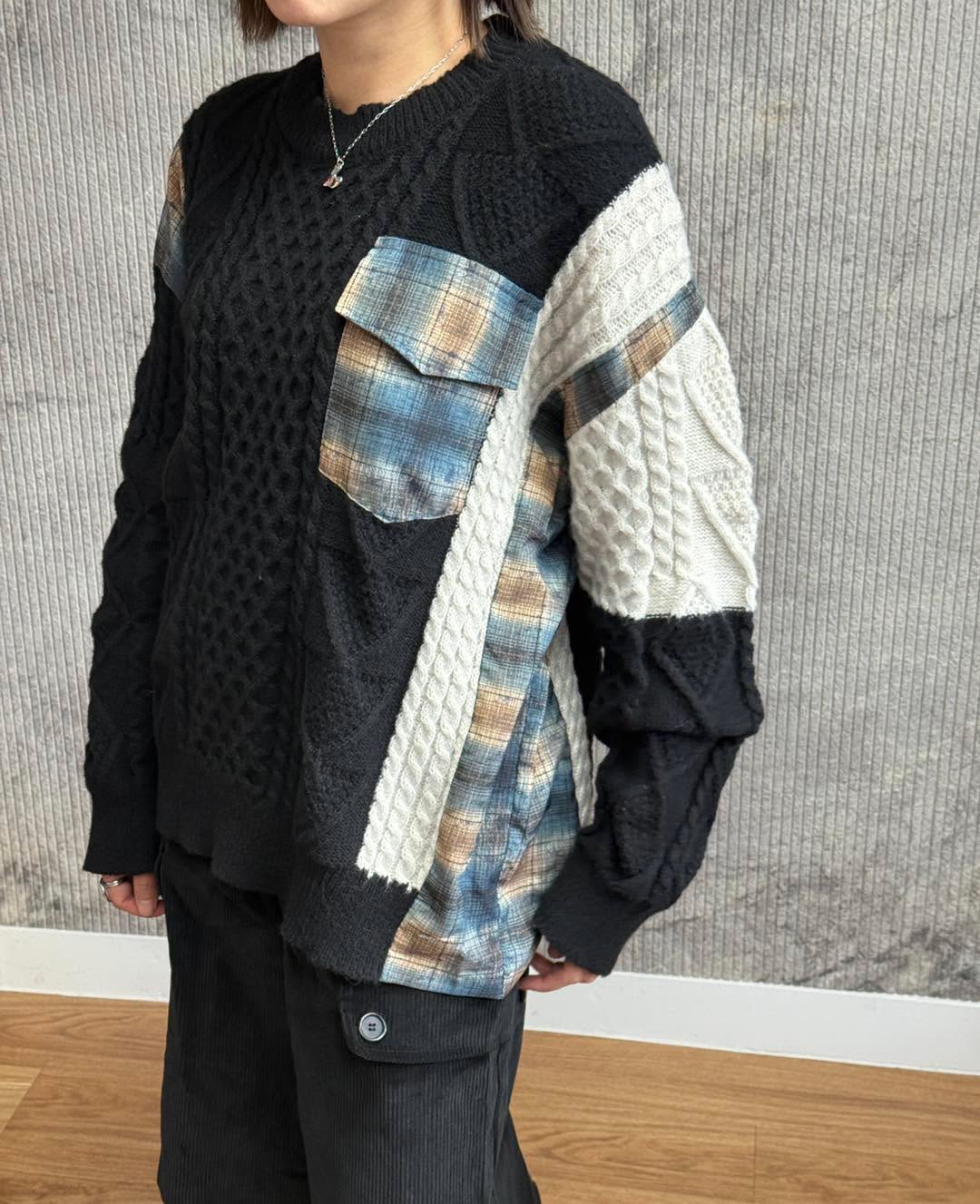 格子布拼針織上衣