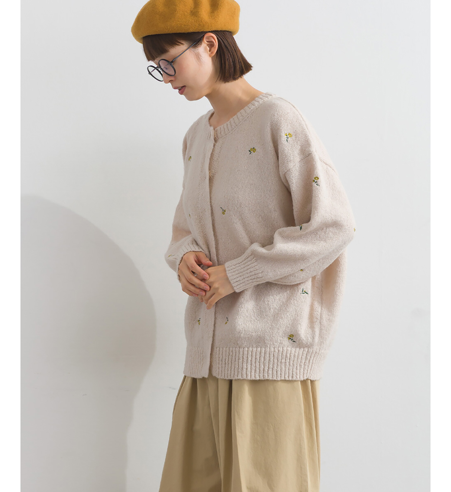 LP - 平針小花開襟毛衣 (米白色)