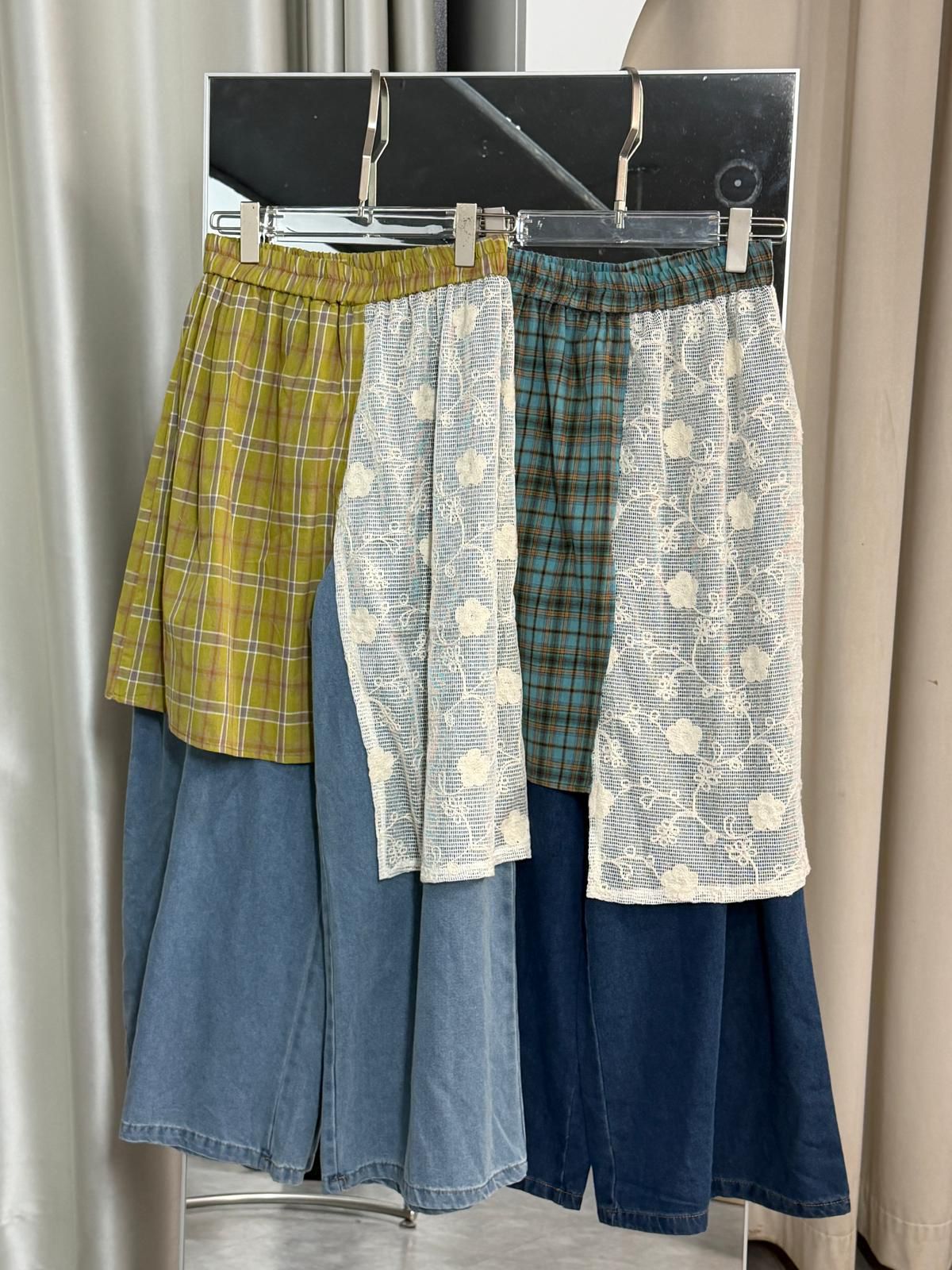 SS2627 復古格子拼接牛仔褲