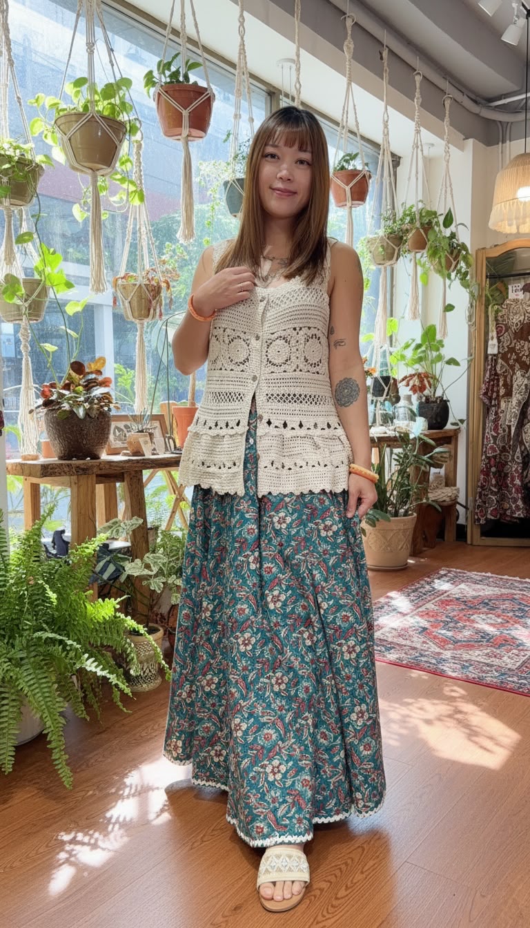  2524 Vintage Blue Floral White Lace Skirt