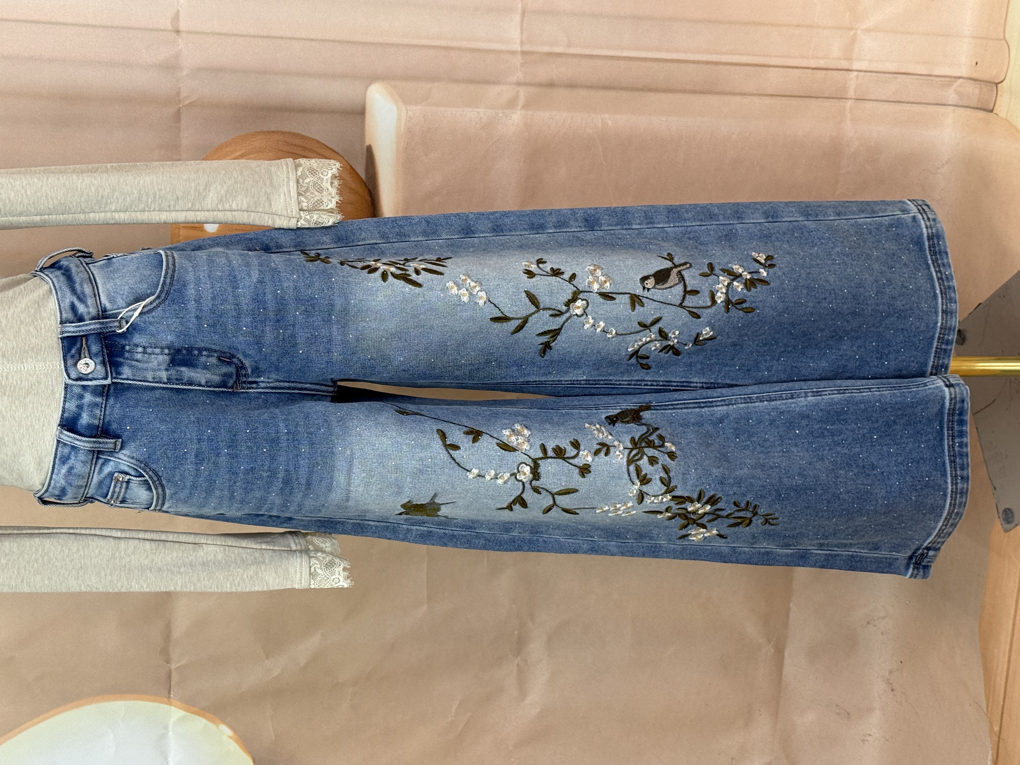 星芒刺绣花鸟裤