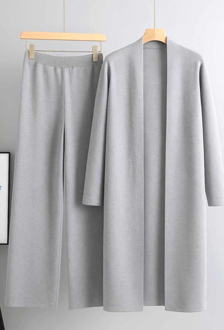 Long Knitted Open Front Cardigan and Sleek Pants