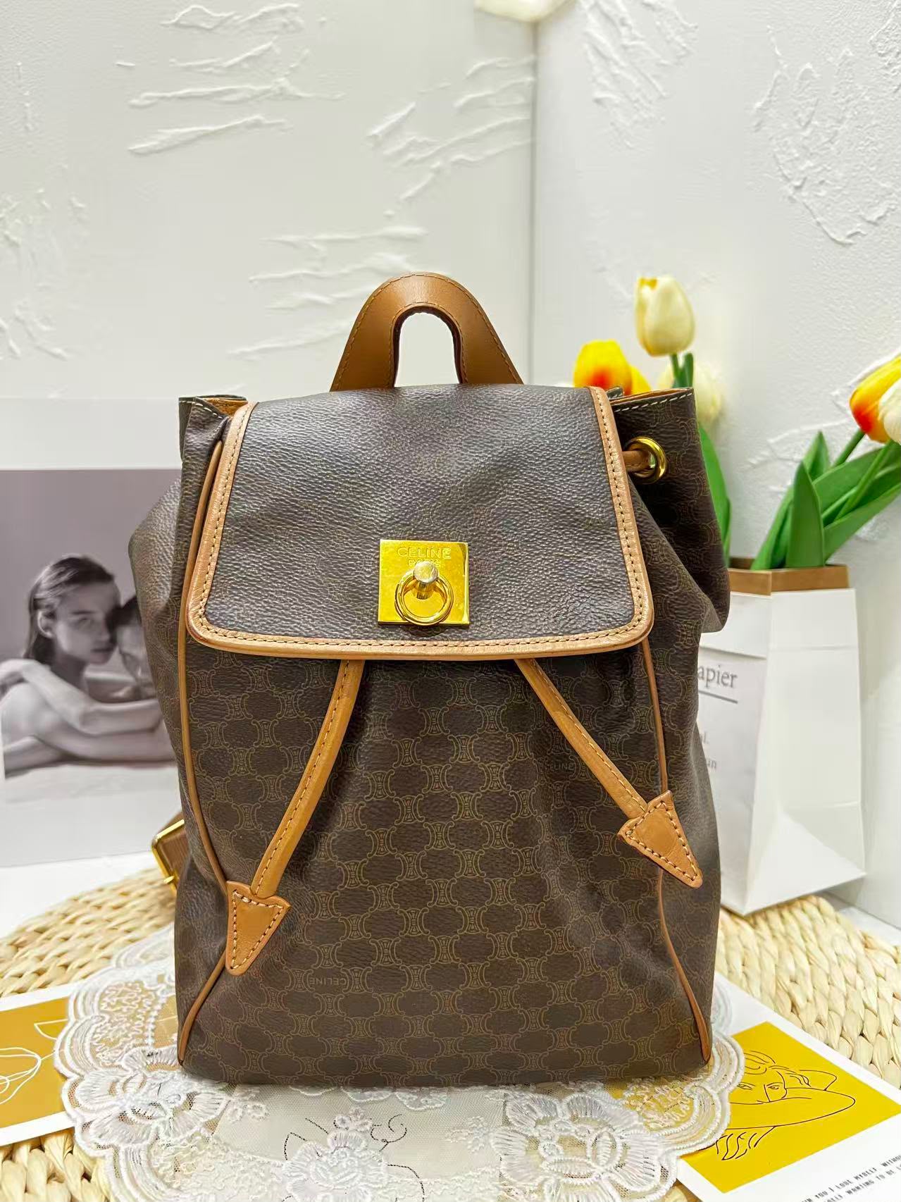 Celine Vintage Macadam Canvas Drawstring Backpack