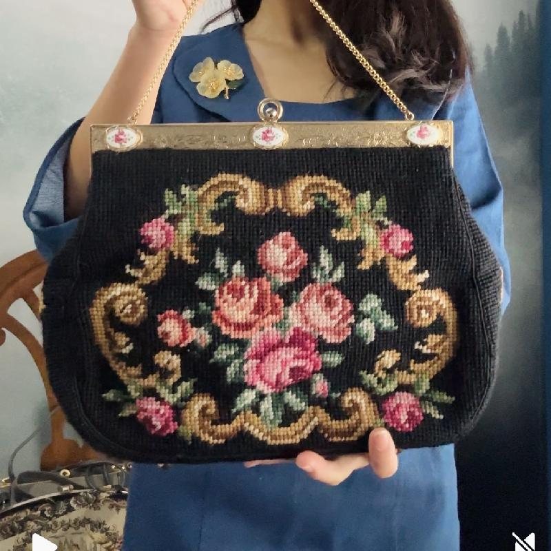 Vintage C.a. 1960s Hand-Stitched Floral Needlepoint Bag with Handpainted Rose Frame (MT2506)