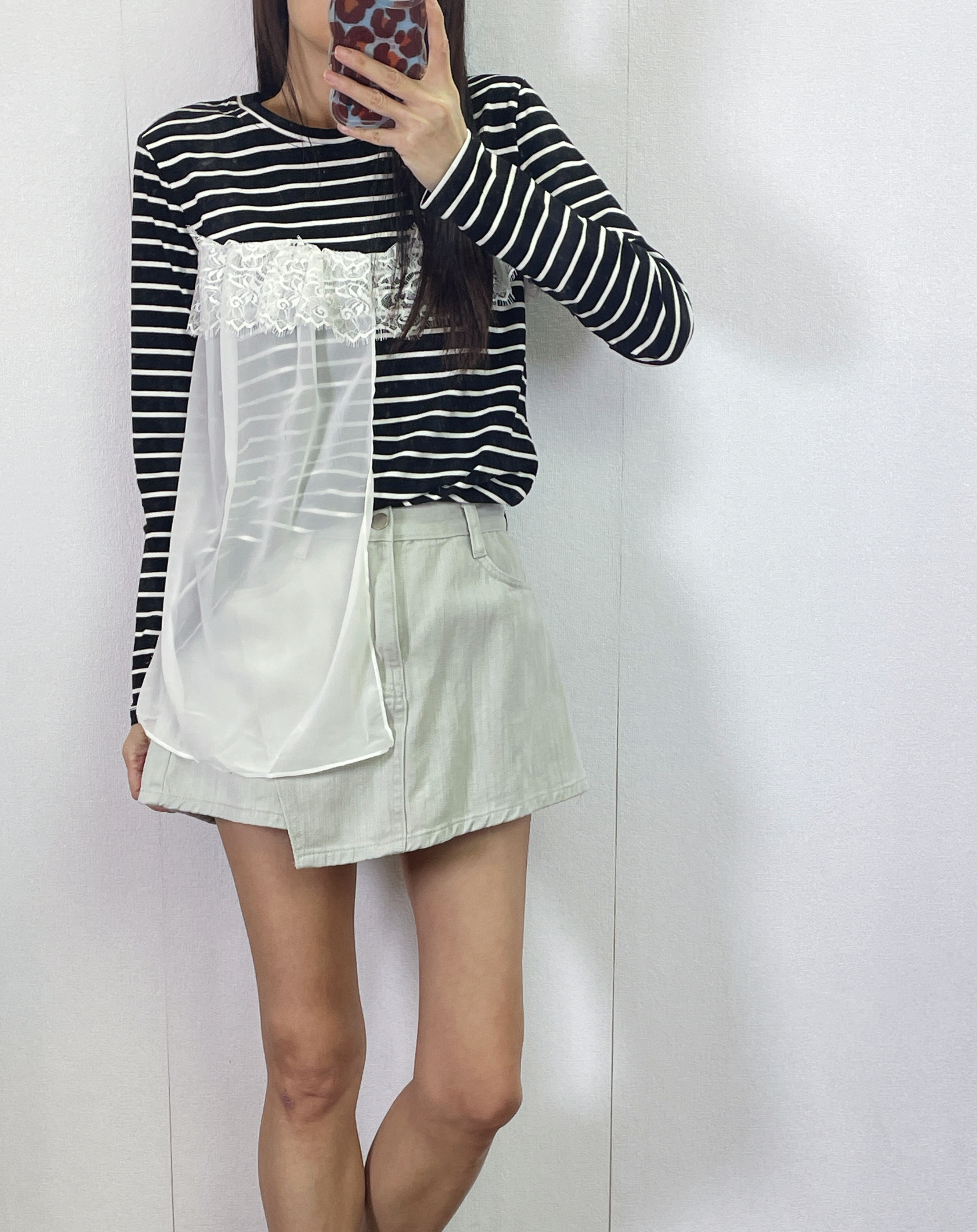 ⭐️Sale⭐️ #10-1187 橫間拼雪紡長袖top