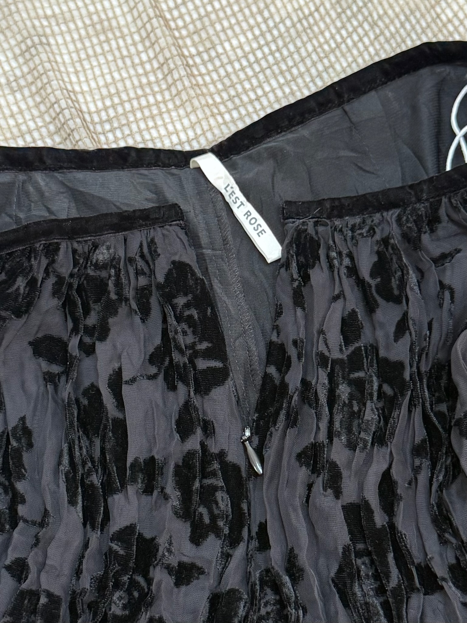Gothic Romantic Flocked Floral Midi Skirt with Crinkled Detailing