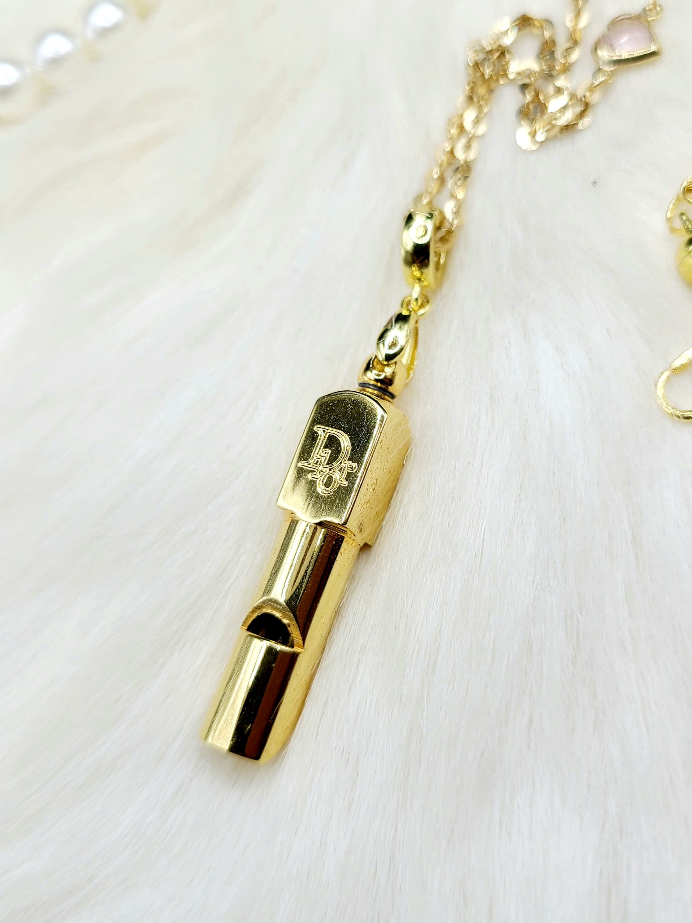 Vintage Dior 哨子吊墜配upcycling 心型珍珠雙層包金頸鍊