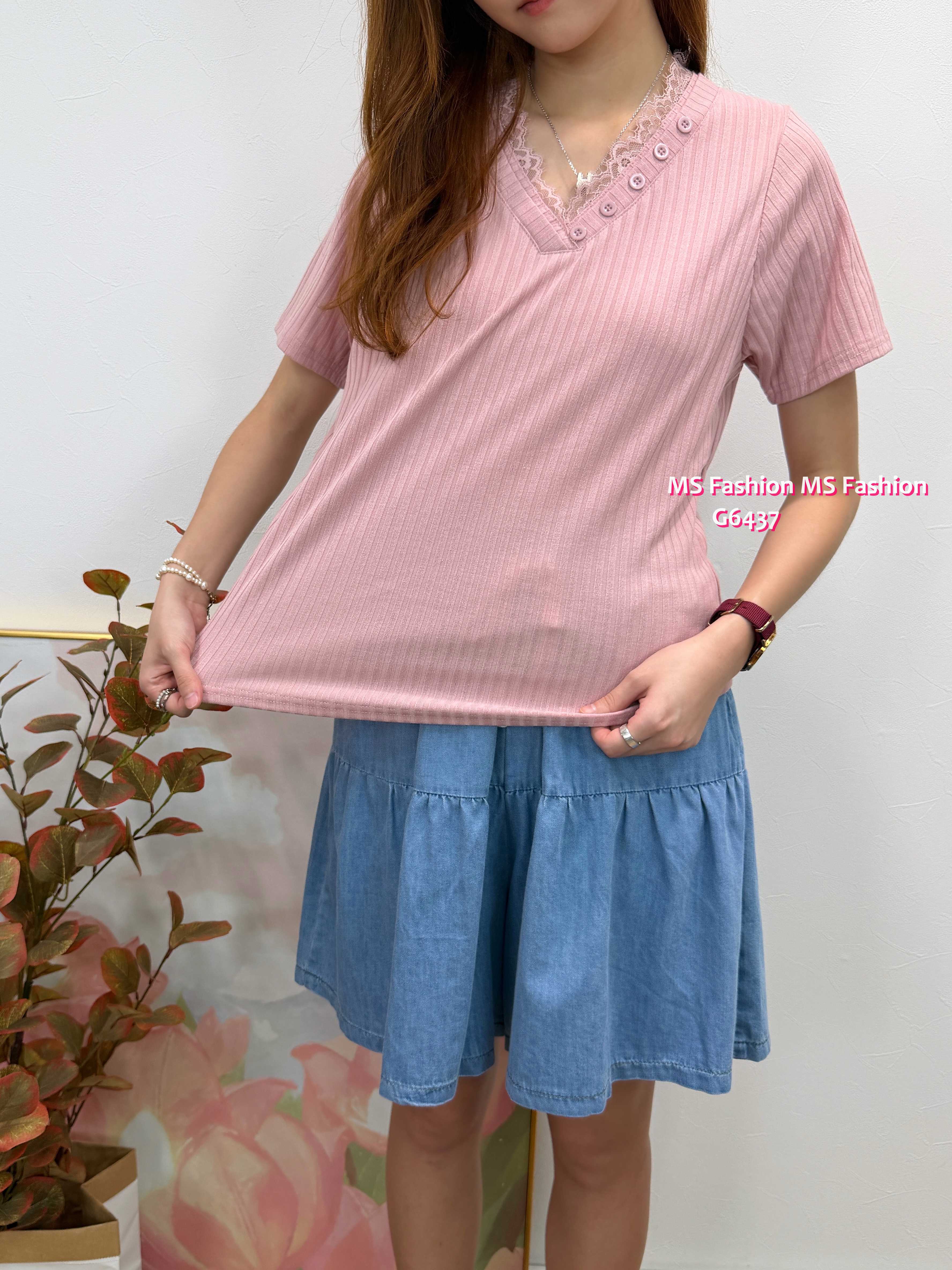 G6437 V領lace暗直紋top