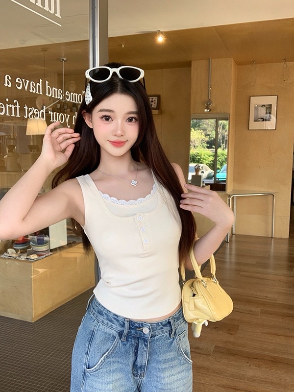 B156(3900) 韩版纯欲风假两件U领蕾丝边三小钮4色背心