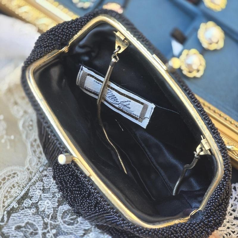 C.a. 1960s "Created by Mr John" Made in Hong Kong Floral Black Bead Bag (MT2501)