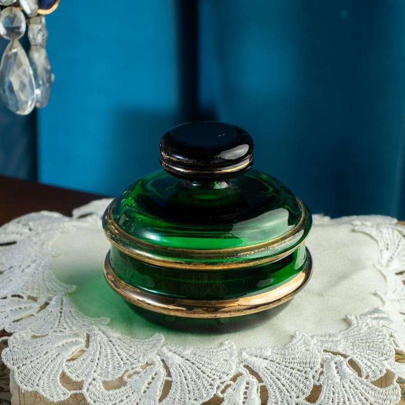 Vintage German Füger Taube 1947-1954 Art Deco Style Green Glass Dressing Table Set - Tray, Powder Box & Perfume Bottle (MX006)