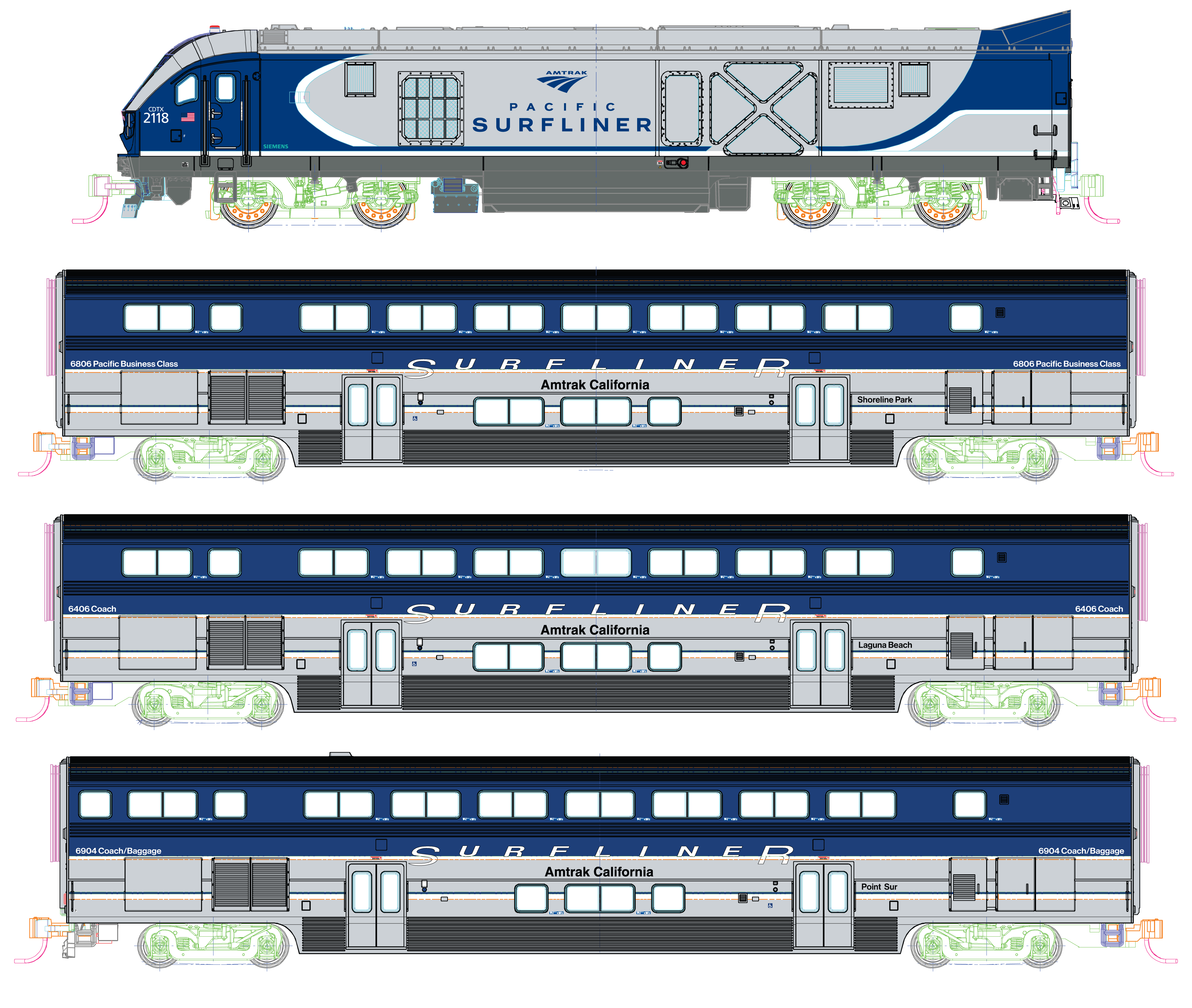 Kato 10-9001，SC44 Charger Amtrak Pacific Surfliner 動力火車頭加三客車卡套 DCC 數碼版本