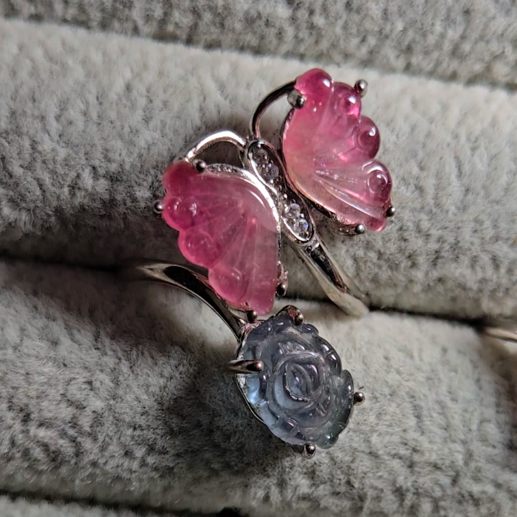 Candy tourmaline butterfly and rose ring, adjustable sterling silver (A) - TR278