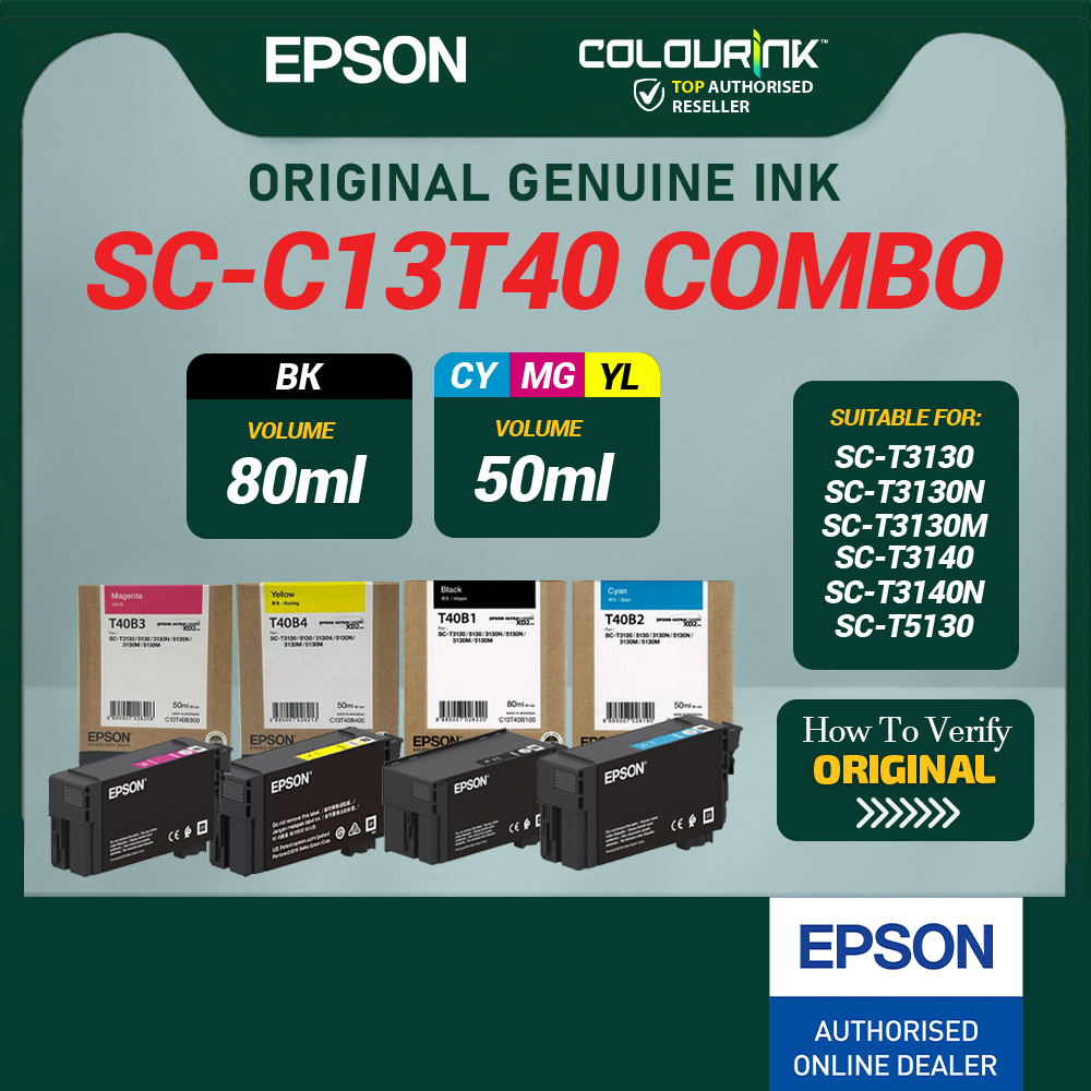 Epson T40 Genuine Ink Black 80ML Cyan Magenta Yellow 50ML for Surecolor SC-T3130N SC-T3130M C13T40B100 C13T40B200 C13T40B300 C13T40B400