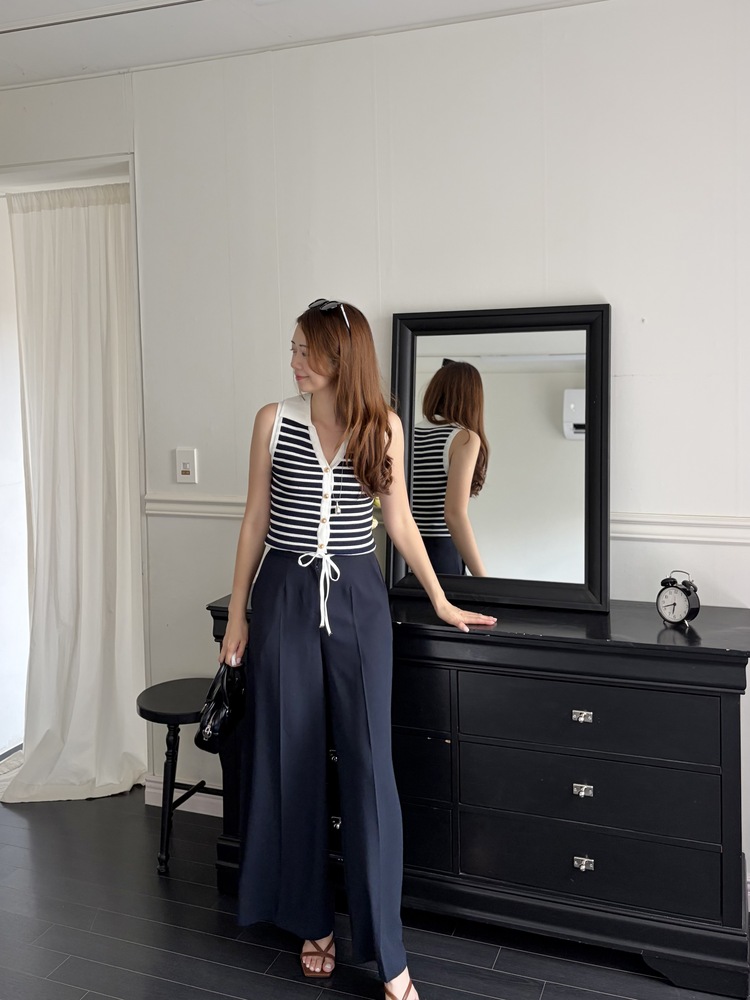 [超涼!!] Contrast Belt Wide Leg Slacks (Navy)