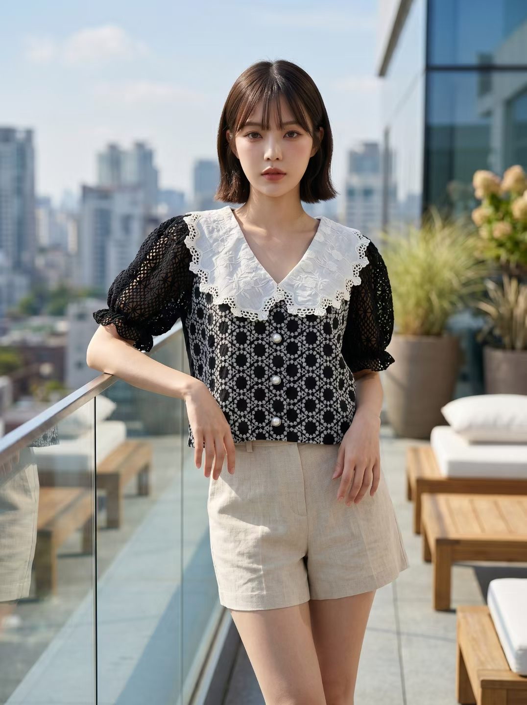 AD8 蕾絲大翻領珍珠扣外套
