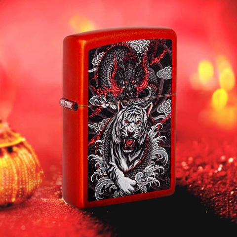 Zippo 龍虎雙煞 猛虎與龍設計48933  |金屬紅色表面| 防風打火機 | ZIPPO 指定授權經銷商 |美國製造 | 收藏