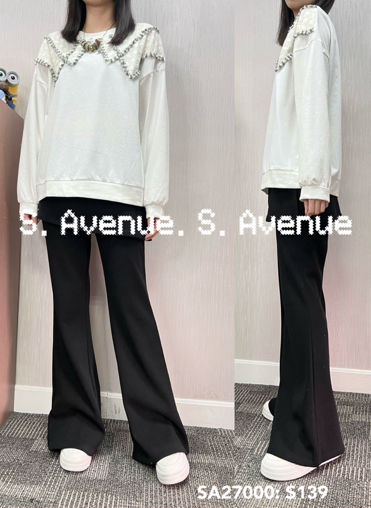 SA27000: 長袖領lace織帶邊領淨色tee