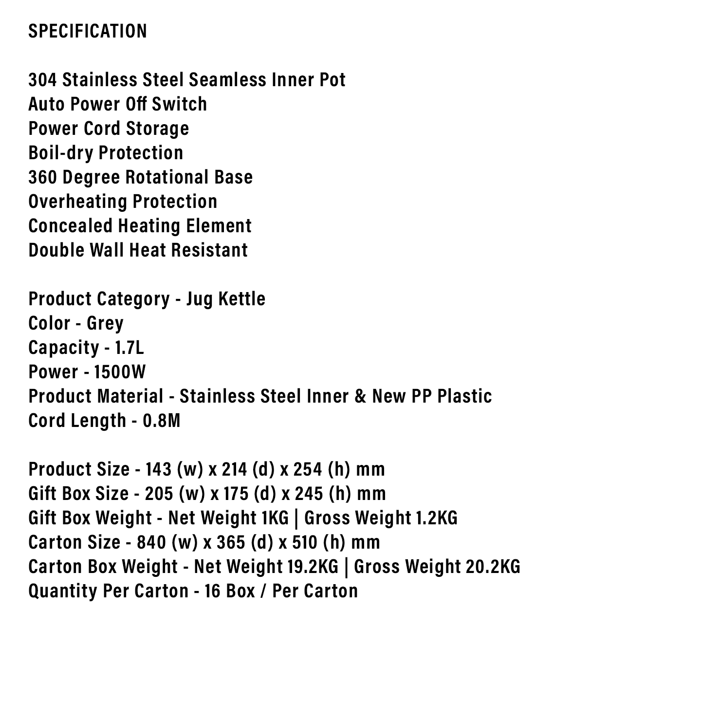 Faber 1.7L Jug Kettle FCK DW 1778GR