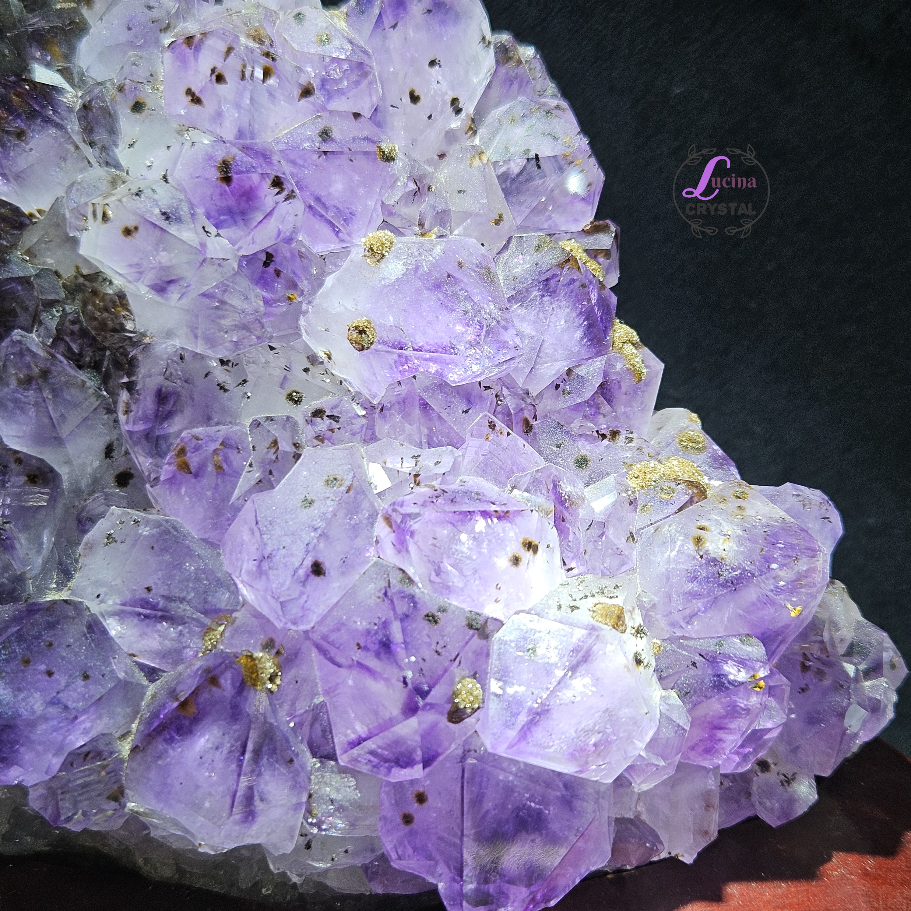 (Co#LC8556)紫鈦骨幹花水晶簇連木座/Elestial Amethyst Rutilated Flower Quartz Cluster w/wooden stand 