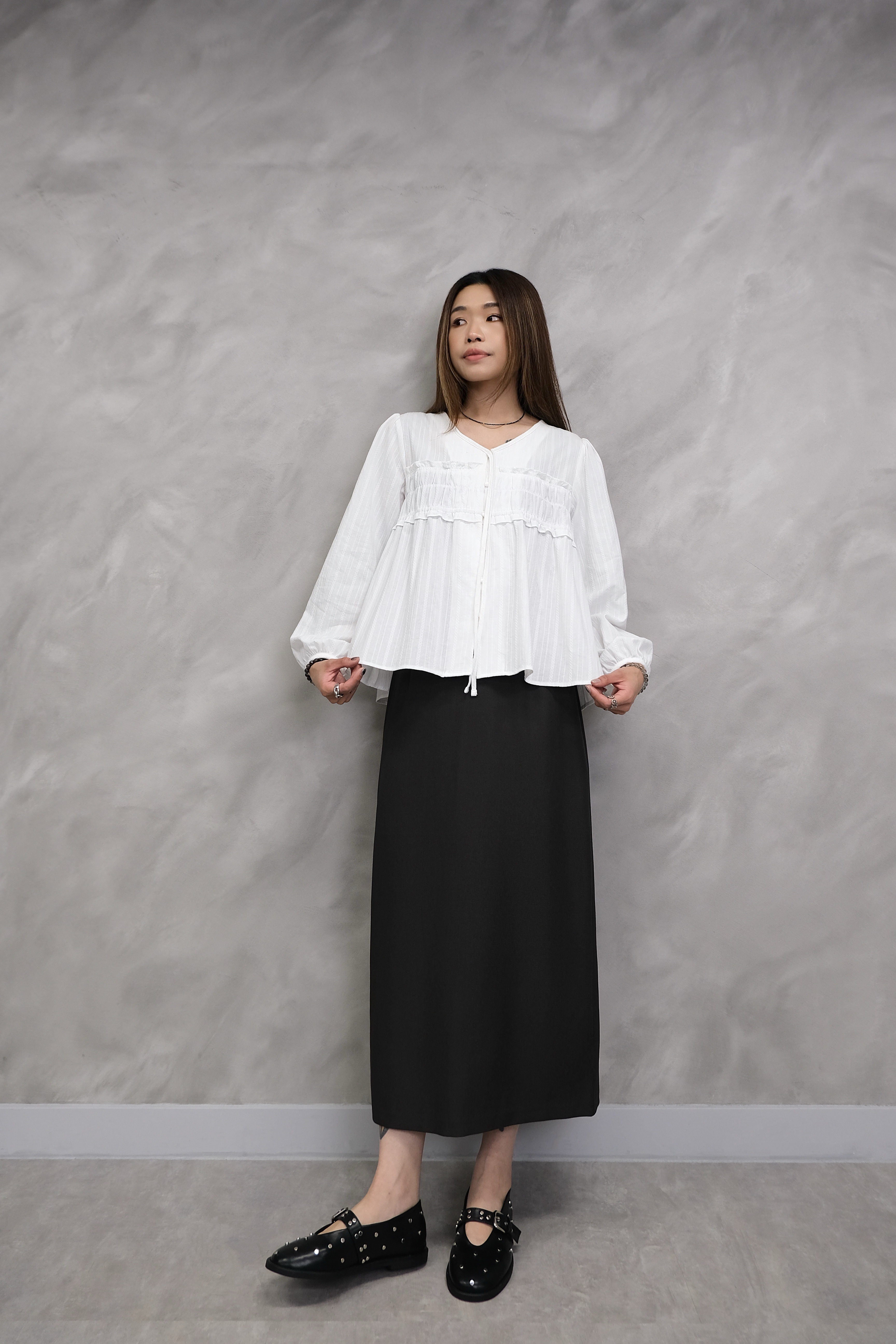 Metal Stud High-Waist Midi Skirt #sk51