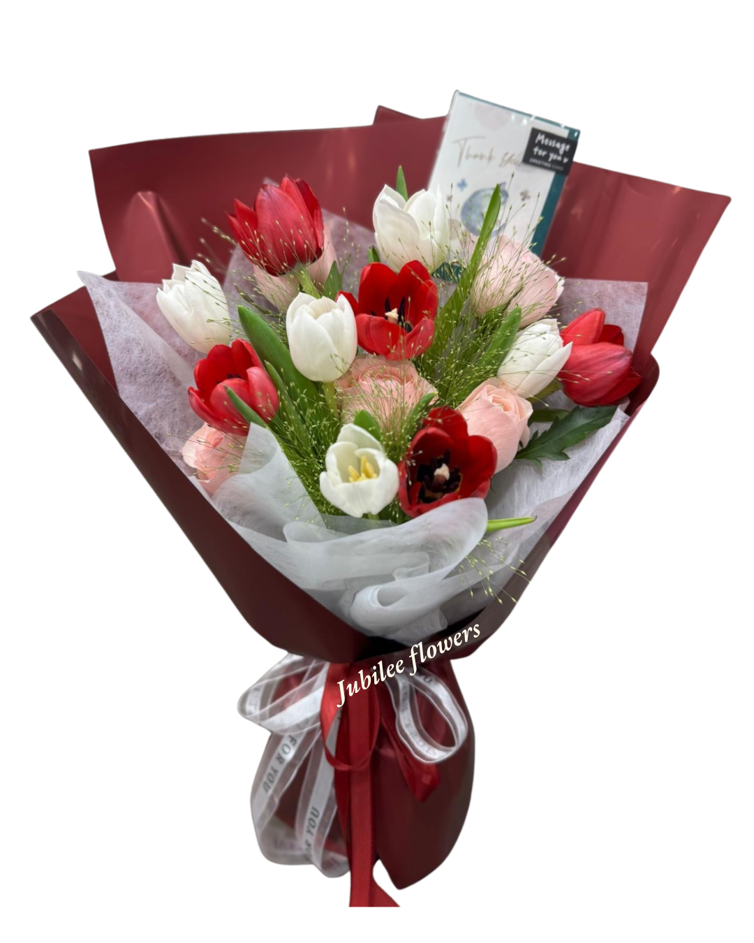 紅白色鬱金香花束