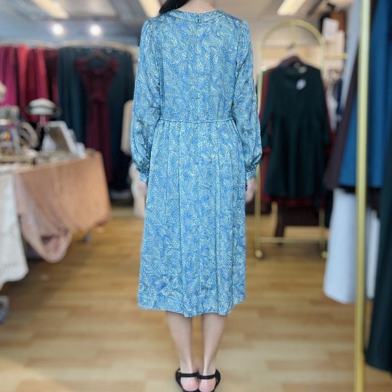 Vintage Japanese Tropical Leaf Pattern Long Sleeve Day Dress- Size L(MT1608-145)