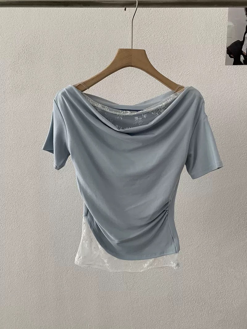 蕾丝拼接假两件荡领短袖T恤 褶皱显瘦纯欲气质上衣
