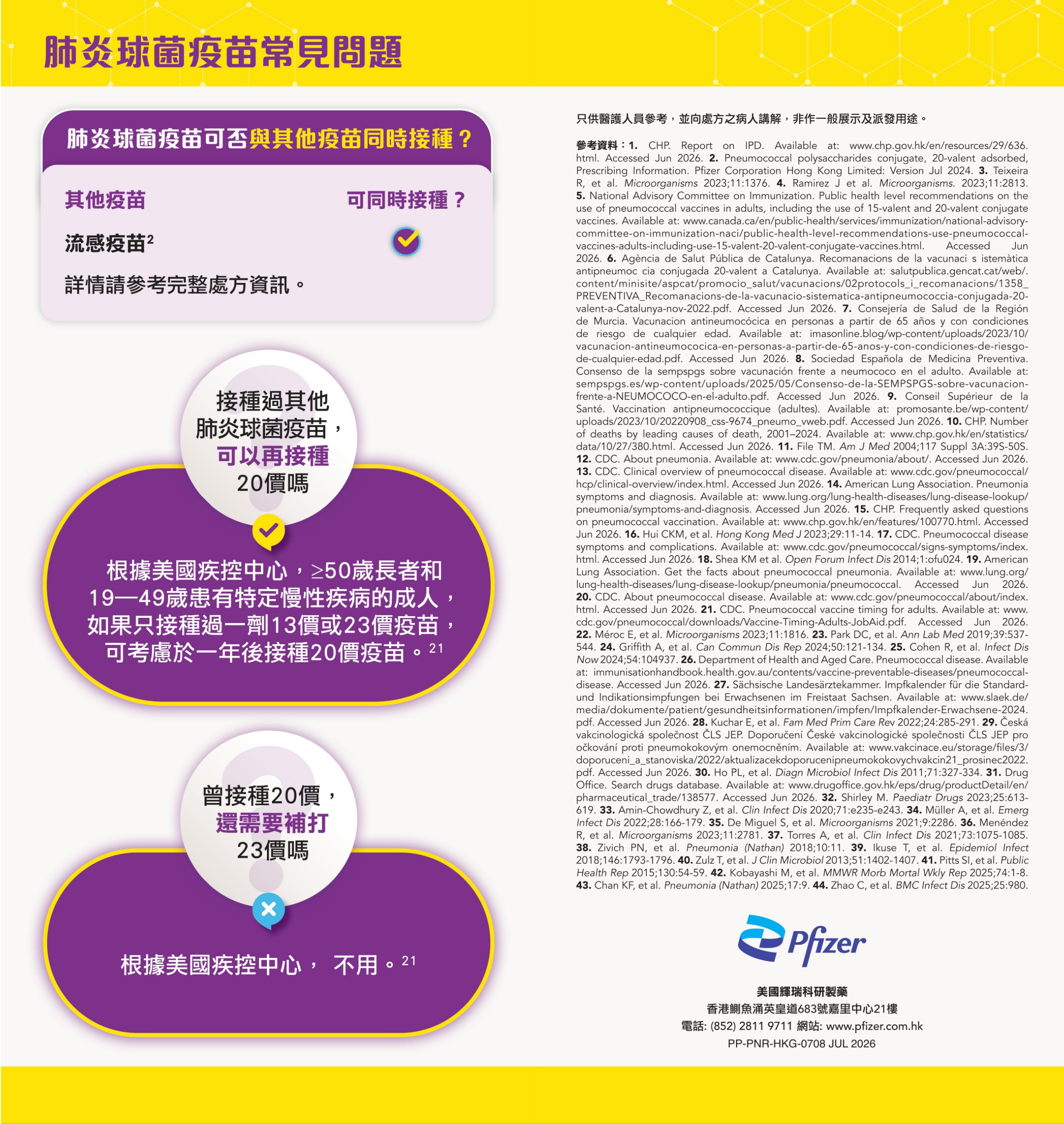 A clinical FAQ poster confirming that pneumococcal and flu vaccines can be administered simultaneously, and detailing US CDC guidance on whether revaccination with the 20-valent vaccine is necessary after prior 13-valent or 23-valent doses