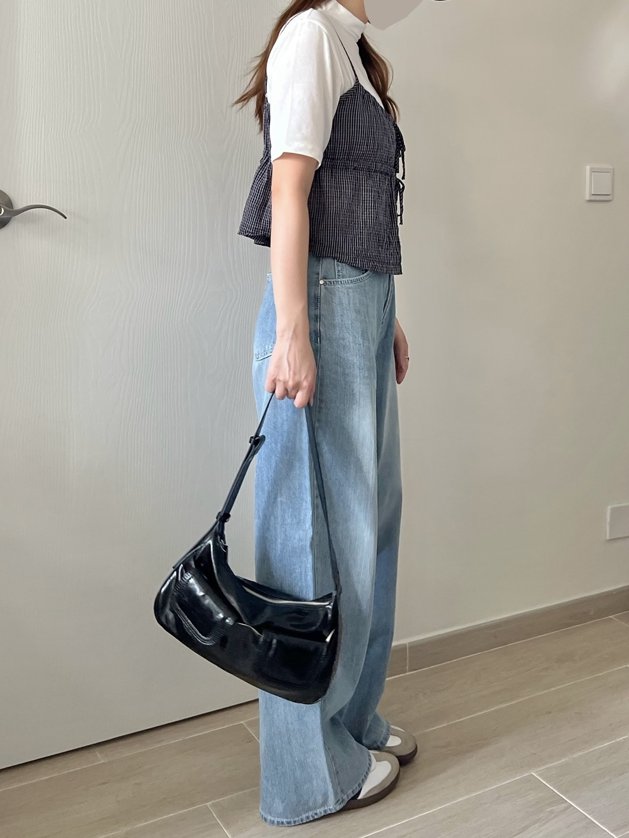 雙結皺皺格紋外搭背心 現貨