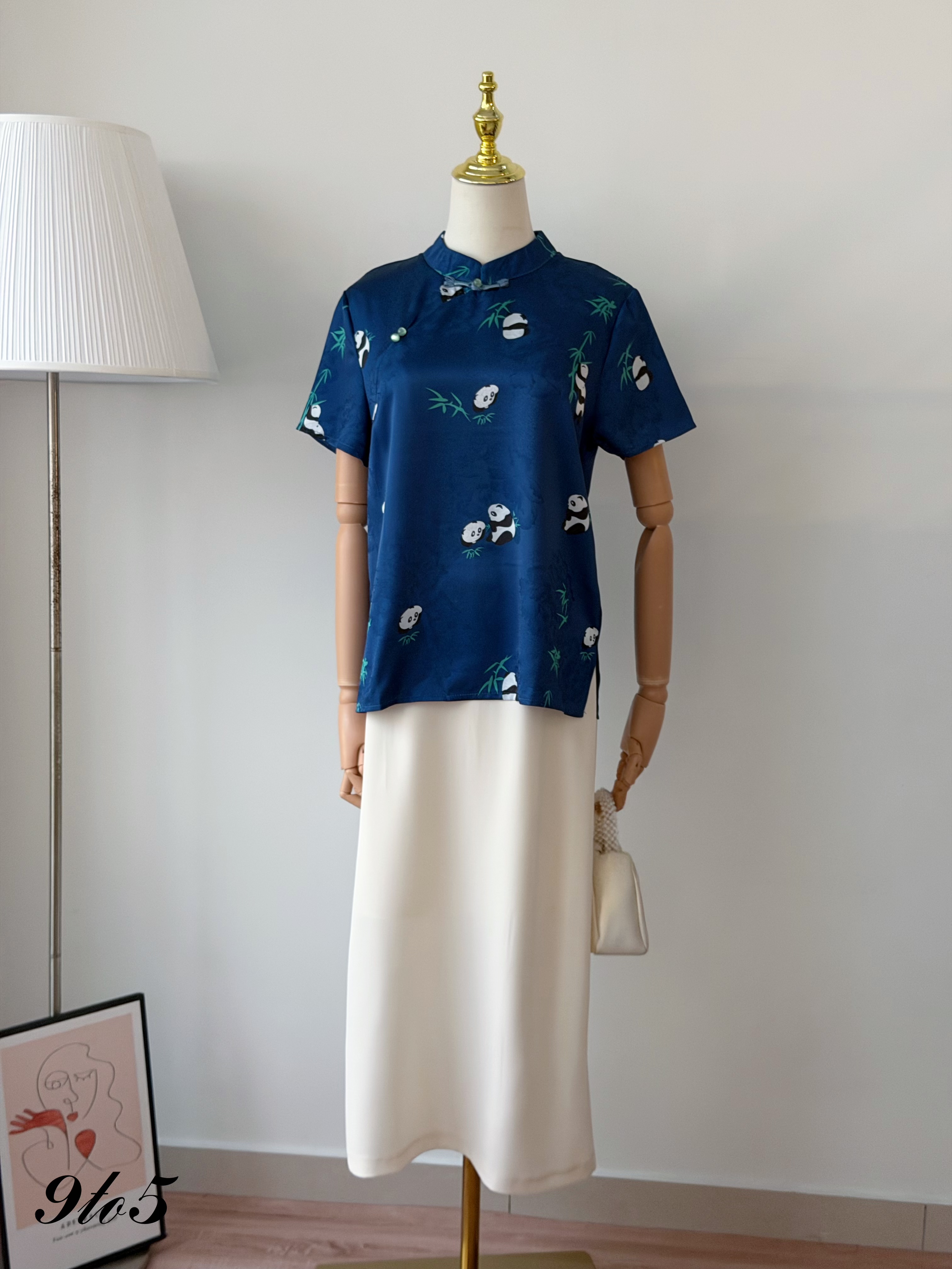 T4488 Short Sleeve Panda Cheongsam Top - Blue
