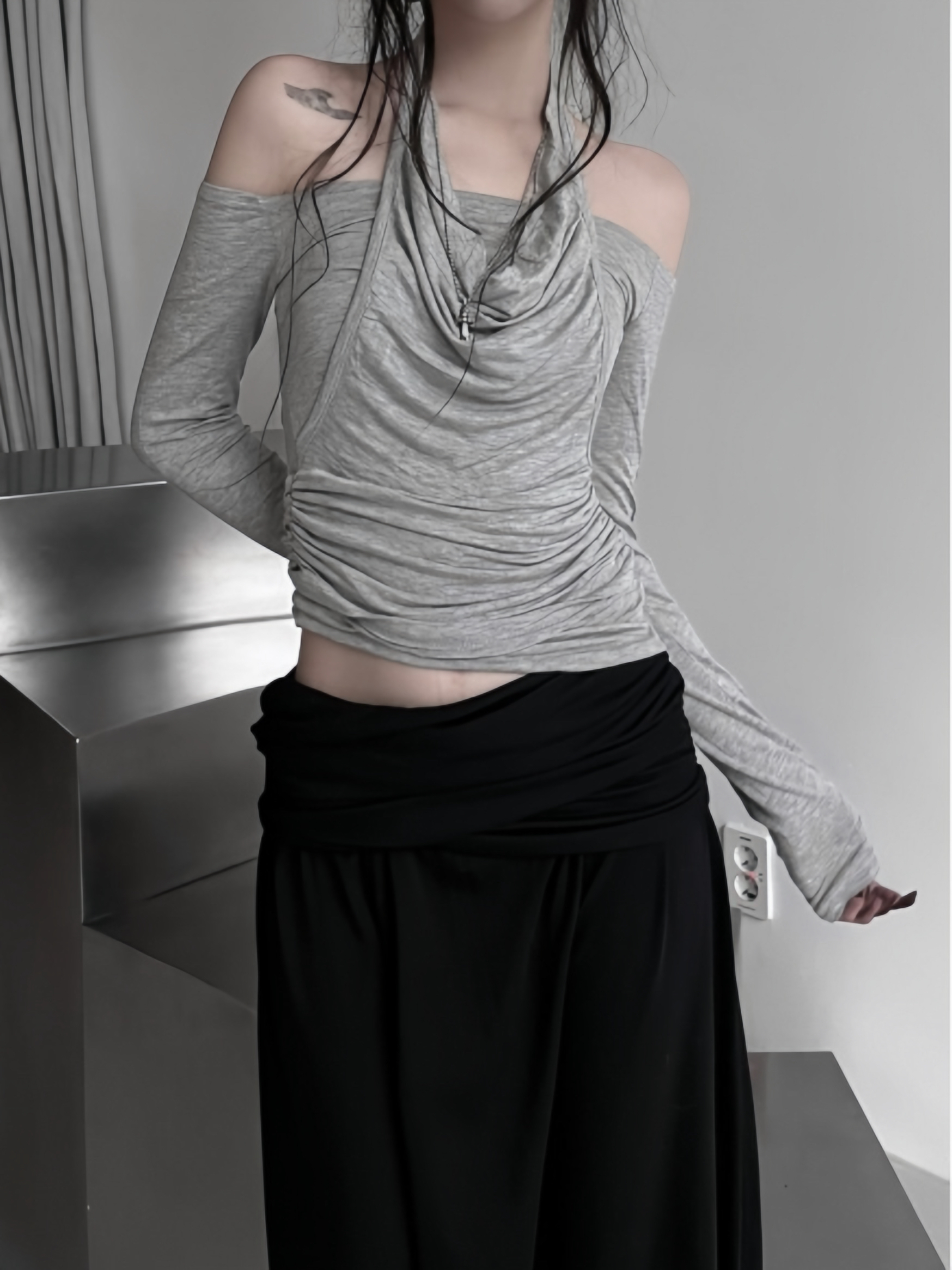 Halter Off-Shoulder Ruched Long Sleeve