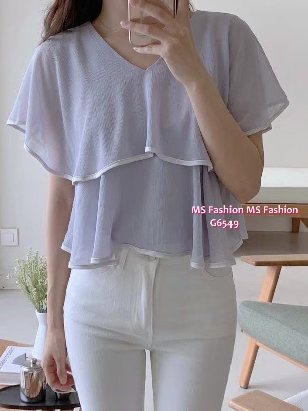 G6549 V領層層ruffle top