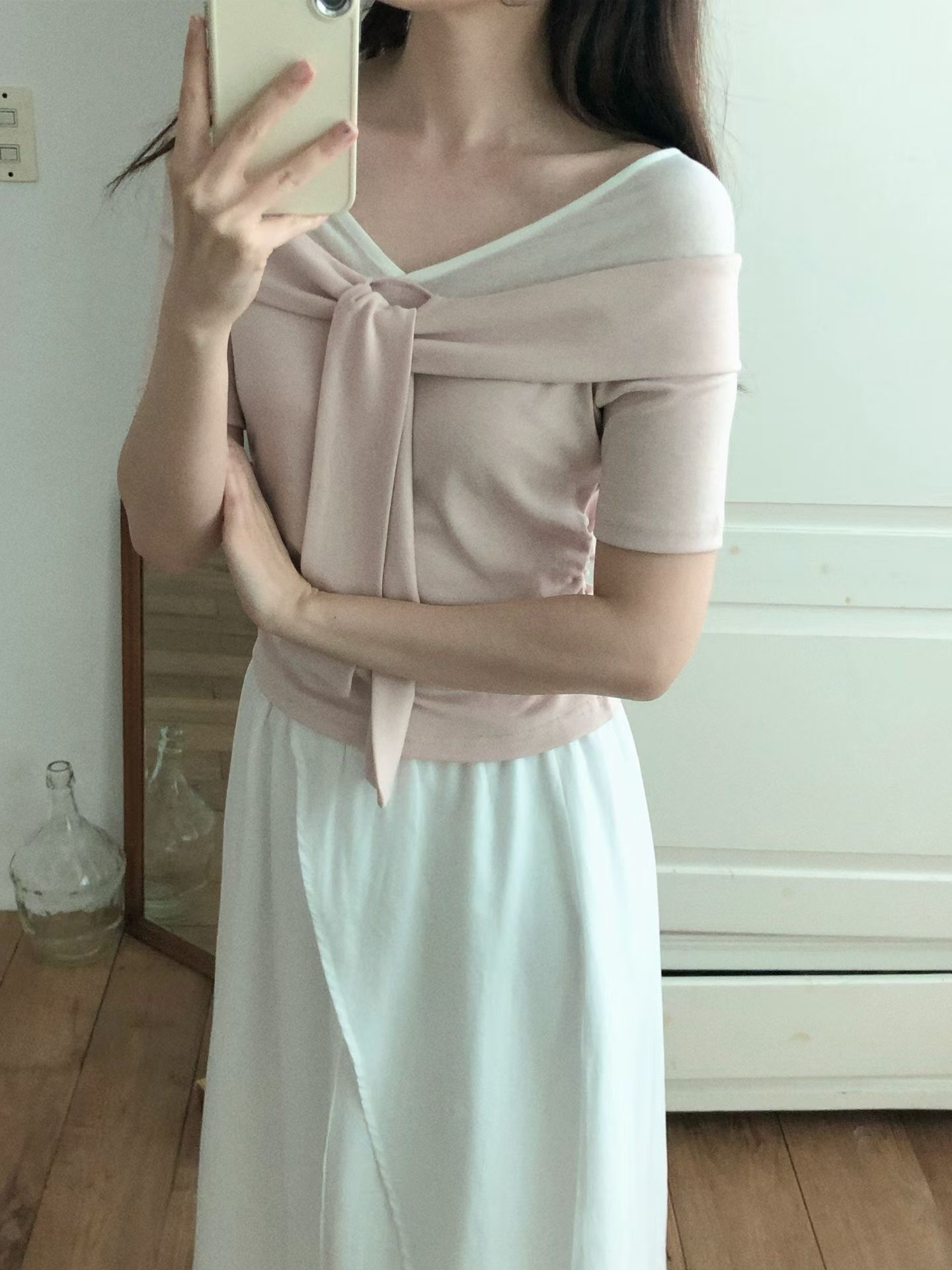 HA10 交叉垂墜領結假兩層修身上衣